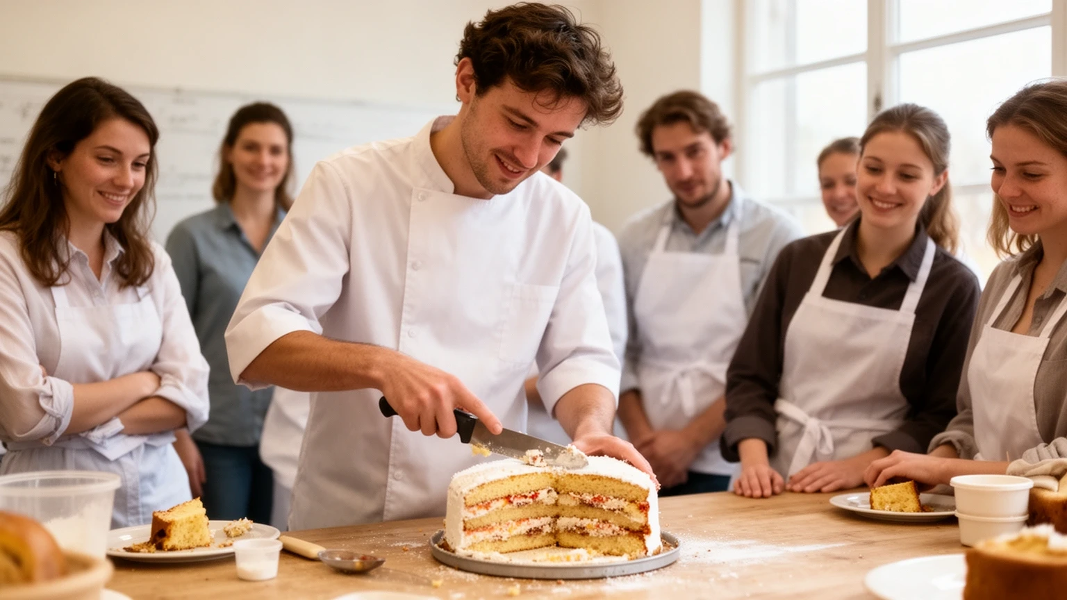 Teilnehmer schneidet seine erste mehrstöckige Torte an