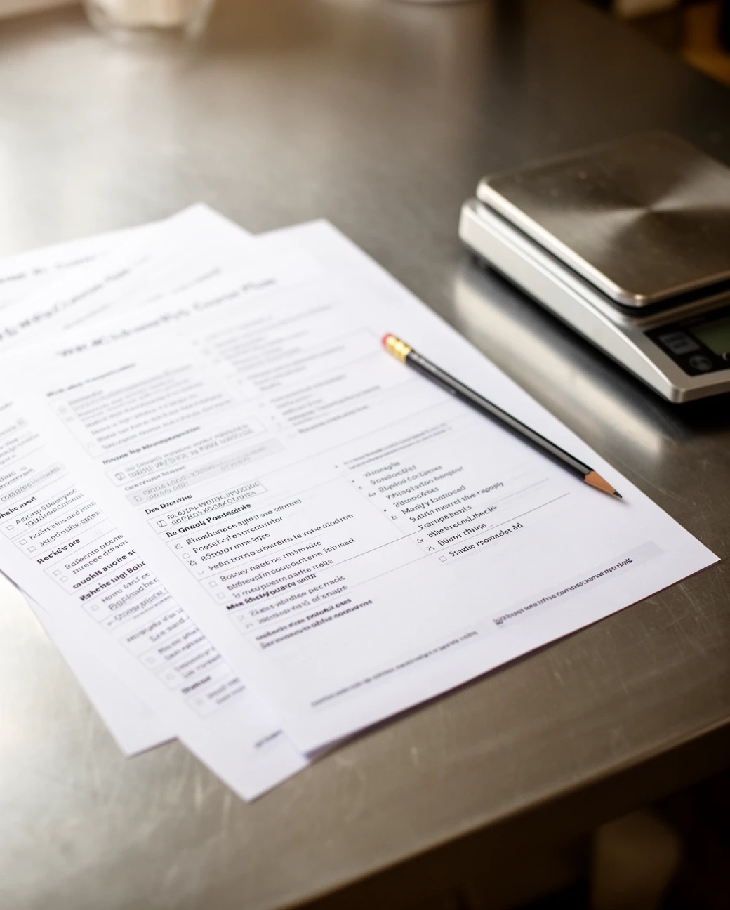 Ausgedruckter Wochenplan und Rezeptblätter neben einer Waage