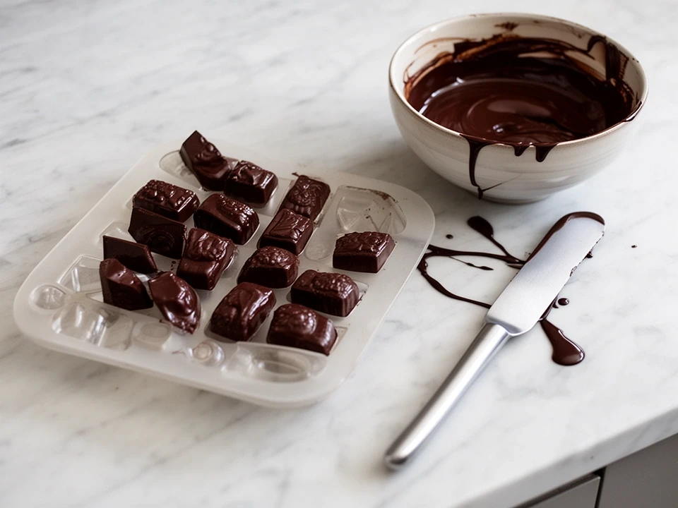 Marmortisch mit Pralinenformen und Spachtel