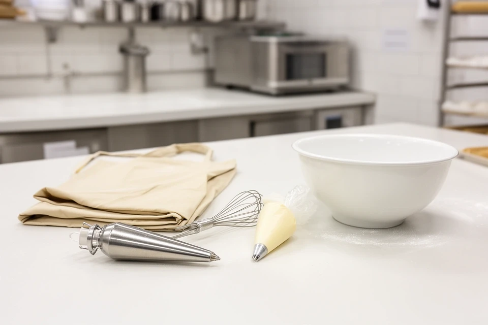 Leerer Arbeitsplatz mit Schürze und Werkzeug in der Kursküche
